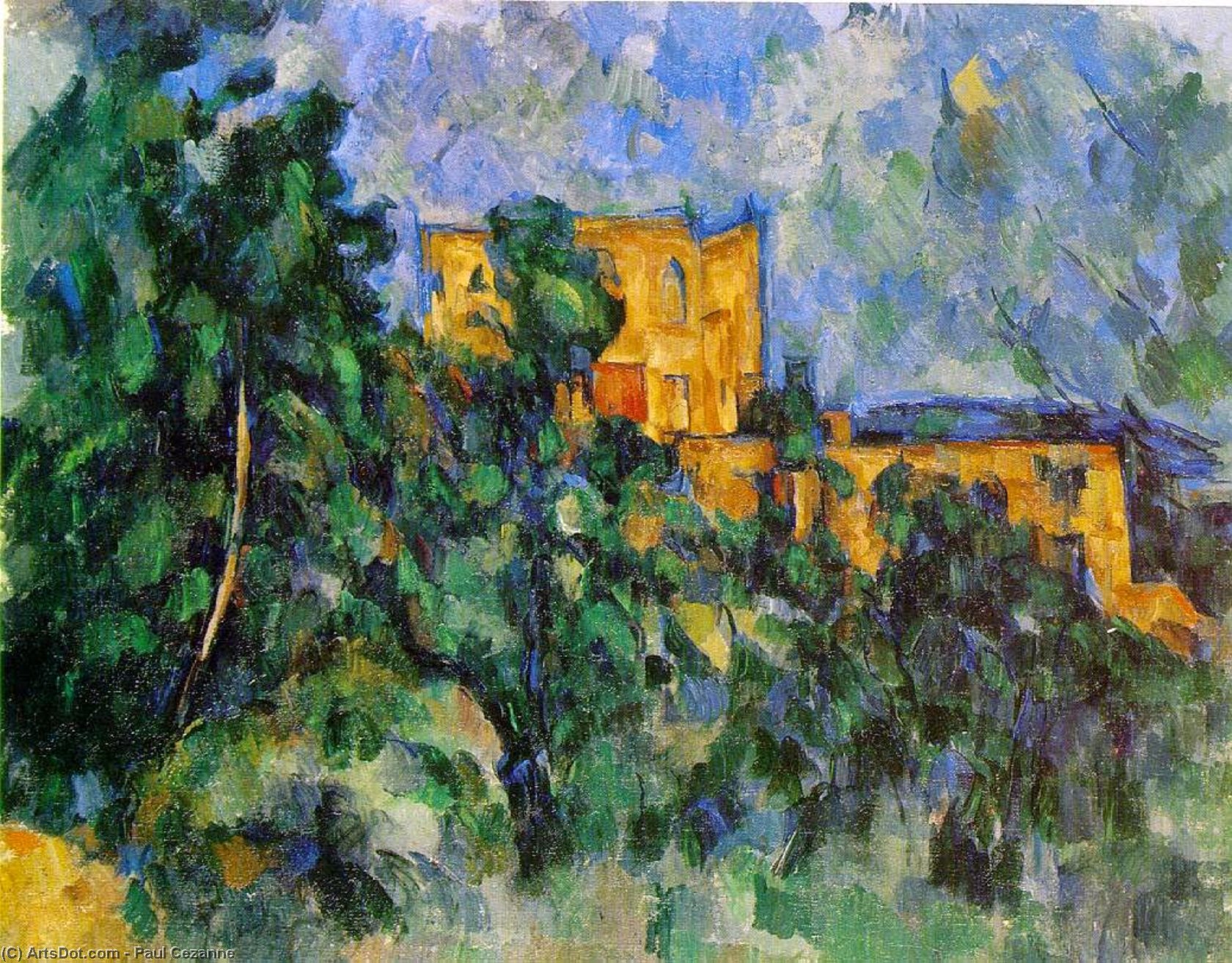 Paul Cézanne 73 X 92 Cm Impressionism, Cubism Oil On Canvas Post-impressionism Vibrant Colors, Textured Brushwork, Bold Forms Možgasta Vila Impressionist Landscape With Buildings And Greenery Chateau Noir 1904 — Paul Cézanne