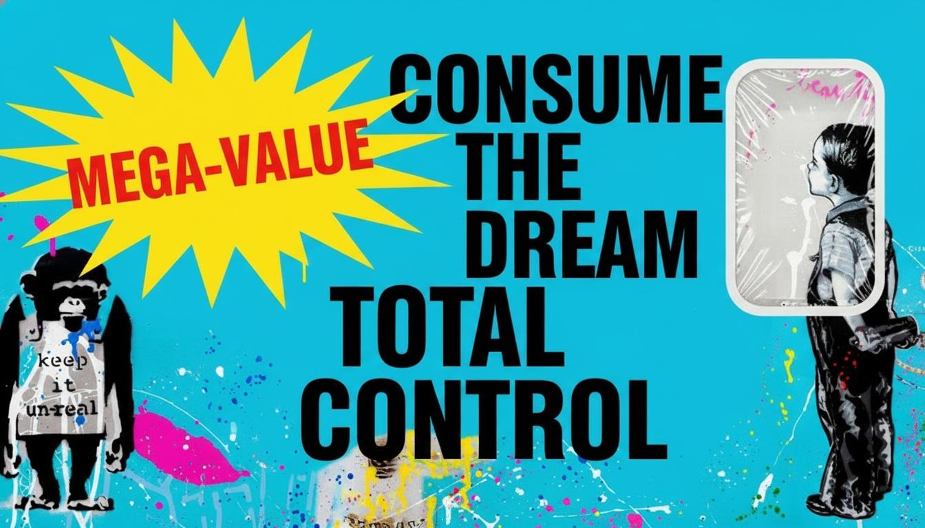 Monumental Echoes Of Consumption Amidst A Fragmented Cyan And Graphic Chaos — Léa Bernard