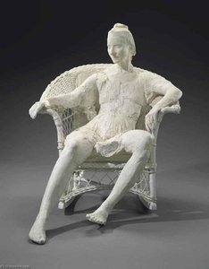 Woman on White Wicker Chair